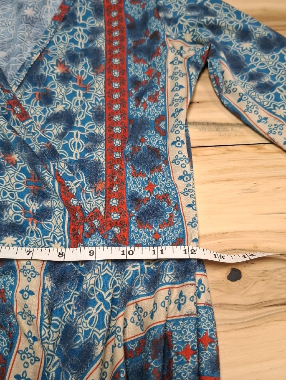 Blue & Rust Print Faux-Wrap Midi Dress with Tie Waist - Picture 7 of 8